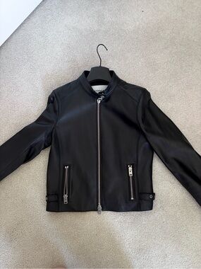 Coach Black Leather Bomber Jacket with Silver Zippers
